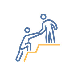 Person giving helping hand up icon. Support, guidance, mentorship, assistance, teamwork. Vector thin line illustration. Editable stroke.