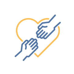 Hands with heart icon. Compassion, help, volunteer care, emotional support. Vector thin line illustration. Editable stroke. Reaching out. Helping hand
