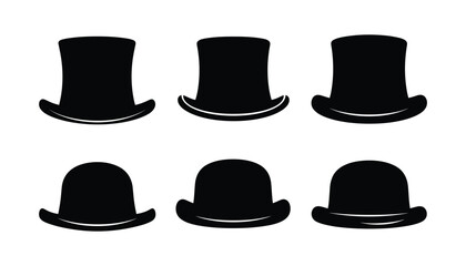 Collection of Black Hats Top Hats and Bowler Hats in Vector Format Isolated on White Background for Graphic Design Elements