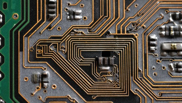Close-up of intricate circuit board traces.  Copper pathways crisscross a dark gray and green circuit board, revealing components and connections