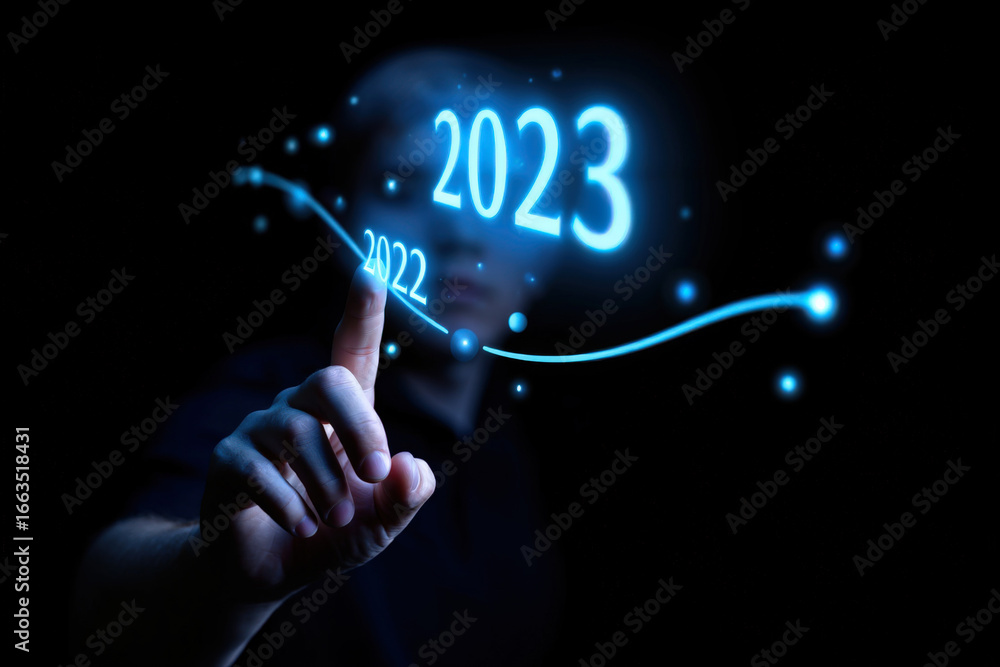 Poster navigating the future a digital transformation concept with a person touching a glowing 2023 on a fu