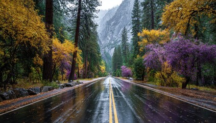Autumnal rain on a mountain road. A wet roadway extends into a misty mountain valley,