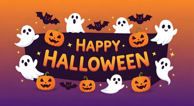 A festive happy halloween banner with ghosts, bats, and pumpkins - Powered by Adobe