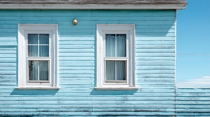 Rustic Blue Building with Two White Windows and Clear Sky