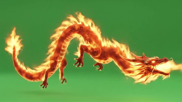 Fiery Chinese Dragon Flying and Breathing Fire on Green Screen.
