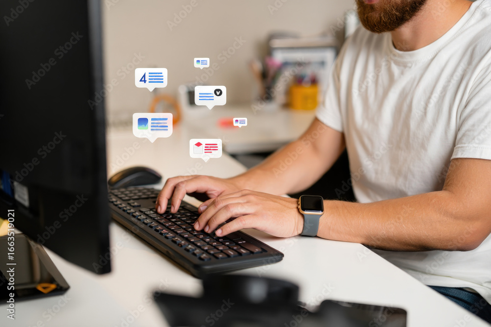 Poster navigating the digital realm a man engrossed in computer work amidst a cascade of notifications show