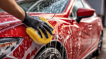 Close up a hand in gloves using a soft cloth for cleaning a car exterior with soap suds. Maintaining vehicles, Car cleaning service, Car maintenance service concept
