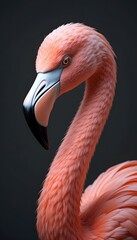 Obraz premium Elegant pink flamingo close-up portrait with graceful curved neck against dark background
