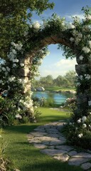 Obraz premium Stone archway, floral vines, garden path, serene landscape