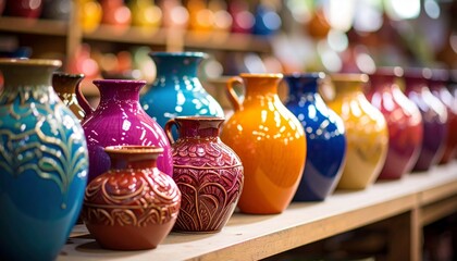 Colorful ceramic vases with intricate patterns displayed on wooden shelves in a pottery shop.