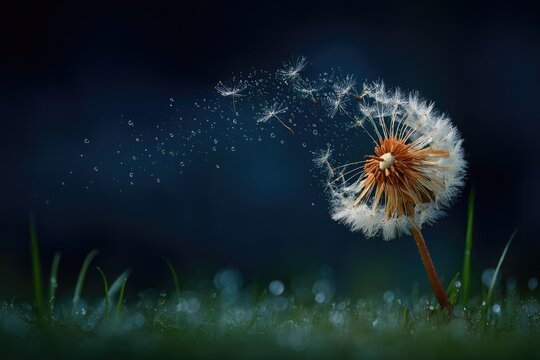 A dandelion seed head, backlit, with seeds scattering. Dew drops on grass. Dark background - Powered by Adobe