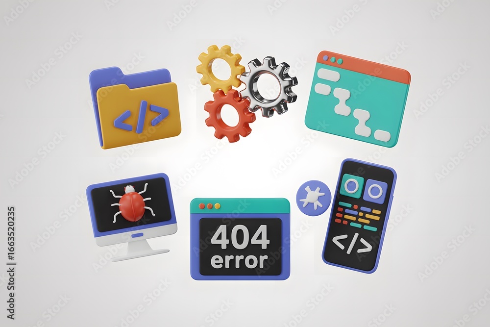 Poster software development conceptual illustration representing the technology and processes behind creati