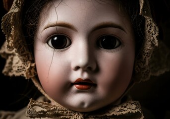Close up of a creepy antique porcelain doll with a cracked face