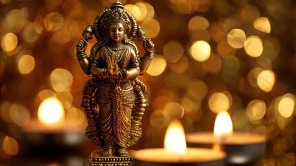 The artistic statue of a deity surrounded by glowing candles and golden bokeh lights.