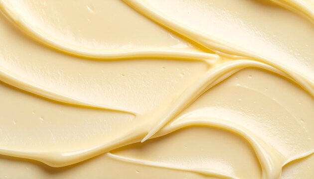 Close-up of smooth, glossy butter or margarine with spread ridges and grooves.
