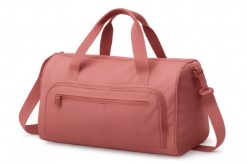 Pink sports bag displaying zippered pocket, adjustable shoulder strap, positioned against transparent background