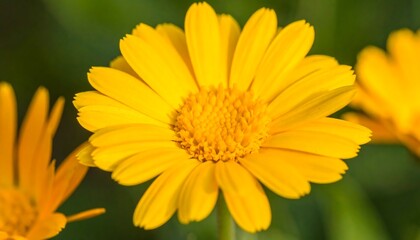 A vibrant close-up of a radiant yellow flower, showcasing intricate details of the petals and a central disc of tiny blossoms.