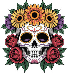 Gothic skull illustration featuring roses in a tribal tattoo art style with a grunge design representing a dead devilish head for Halloween