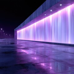 Neon-lit, modern structure at night.  Wet pavement reflects vibrant purple light