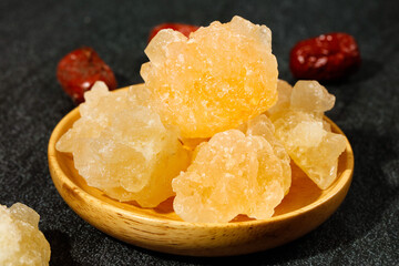 Large Yellow Rock Sugar Cubes in Handmade Wooden Bowl - Ancient Natural Sweetener Crystals