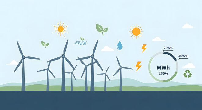 A stylized illustration showcasing a field of wind turbines under a clear sky, symbolizing renewable energy generation with icons for sun, water, and electricity.