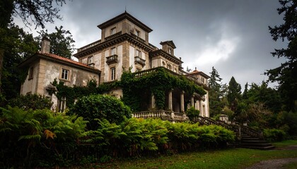 A large, weathered mansion, draped in greenery, stands amidst a lush garden under a cloudy sky.