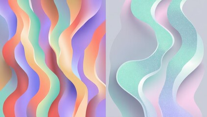 Two panels of vibrant, wavy, layered abstract shapes in pastel colors