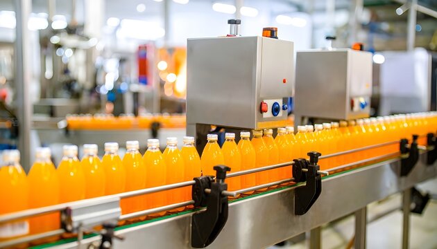 Orange juice bottles on a conveyor belt in a beverage bottling and packaging plant.