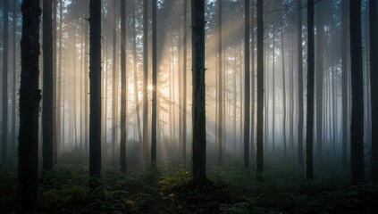 Naklejka premium Soft mist envelops tall mossy pines with golden light and cool shadows