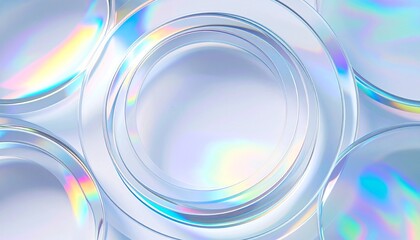 Overlapping transparent circles with iridescent reflections forming concentric patterns.