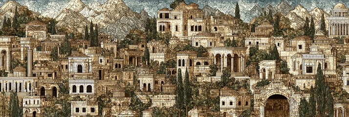 Panoramic view of an ancient city nestled in a mountainous landscape.  