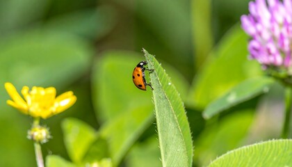 A ladybug, vibrant orange with black spots, delicately ascends a verdant leaf, amidst a backdrop of  yellow flowers and a soft-focus cluster of purple clover blossoms.