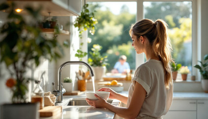 Bright villa kitchen with mother washing dishes, children playing outside