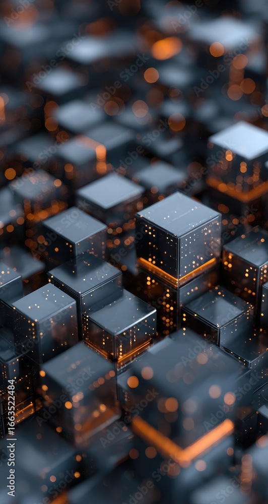 Poster abstract close-up view of many interconnected, dark gray and translucent cubes,