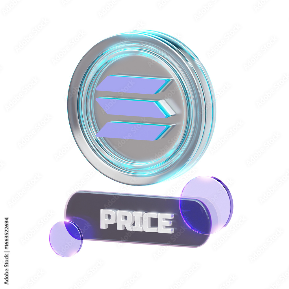 Poster 3d render of a shiny cryptocurrency coin floating above a 'price' tag with glowing accents.