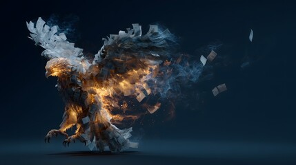 A white bird with its wings spread out and surrounded by fire. The bird is perched on a pile of coins