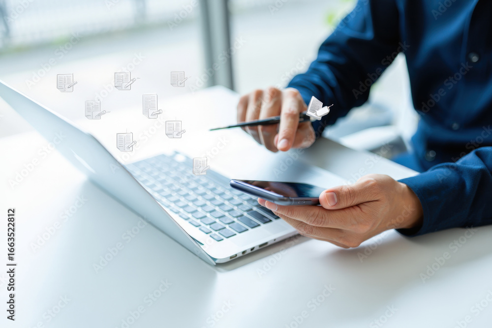 Poster person using laptop and smartphone with digital document icons, representing document management and