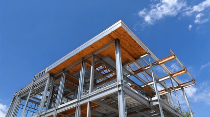 Obraz premium House Frame Construction Progress Under Blue Sky Showing Modern Architecture