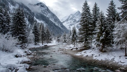 Fototapeta premium Snowy mountain valley river scene