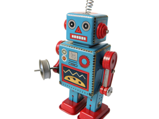 Vintage Tin Toy Robot Nostalgic Retro Automated Machine with Classic Design and Bright Colors on a Black Background