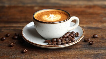 Espresso shot tiny white cup on saucer with crema texture visible and beans scattered