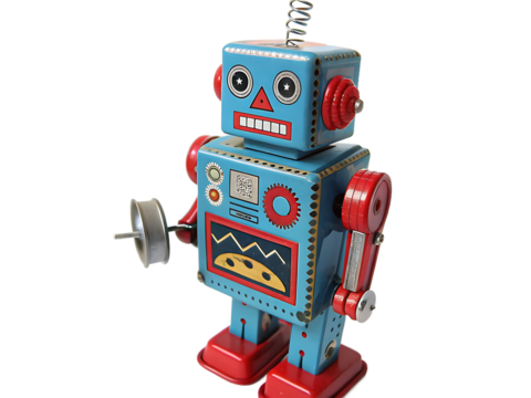 Vintage Tin Toy Robot Nostalgic Retro Automated Machine with Classic Design and Bright Colors on a Black Background