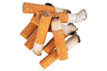 Pile of Cigarette Butts on White Background