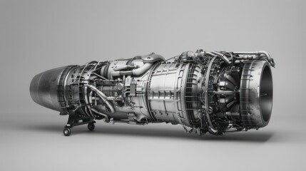 A large jet engine is isolated on a white background.