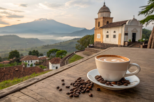 Morning coffee on a rustic wooden table overlooking a historic church and misty volcanic mountains in a scenic South American village generative ai