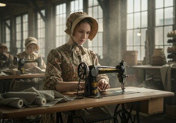 A vintage seamstress using an old sewing machine, reminiscent of the historical era, captured in a workshop setting with soft lighting and dust motes