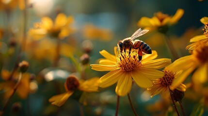 Radiant Honey Bee Pollinating Golden Petals – Immersive Macro Visual for Sustainable Wellness and Eco-Friendly Design Trends