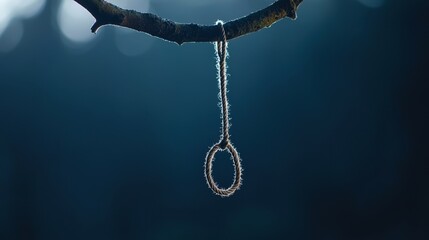 Hanging Rope Knot on Branch in Atmospheric Dark Forest with Soft Light and Mysterious Vibes