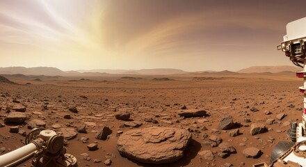 Illustrated surreal Mars scene with jagged crimson canyons, cratered ground, and ethereal glowing light effects