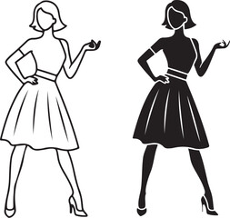 Vector art of woman in pleated skirt, outline and silhouette on isolated